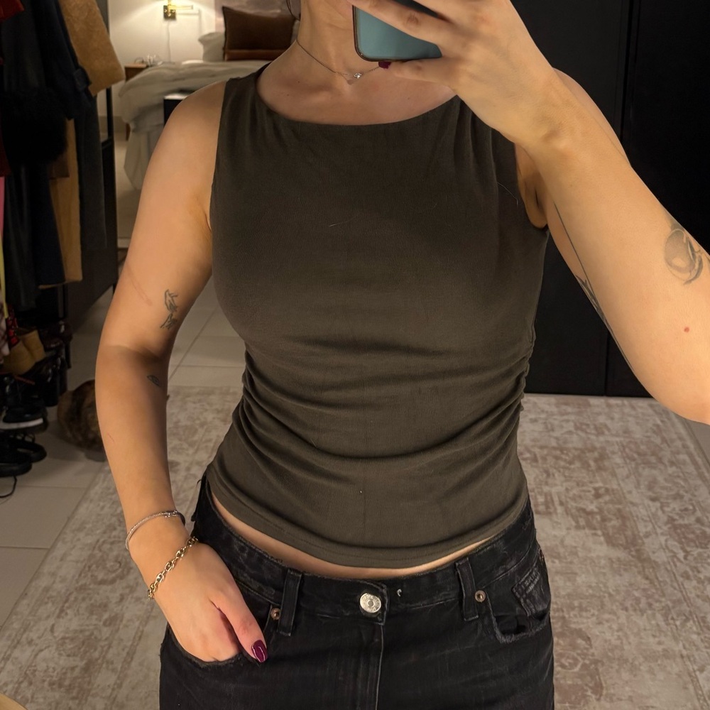 OGL built in bra Olive Green Eco-Mousse Ruched Sides Boatneck Brami